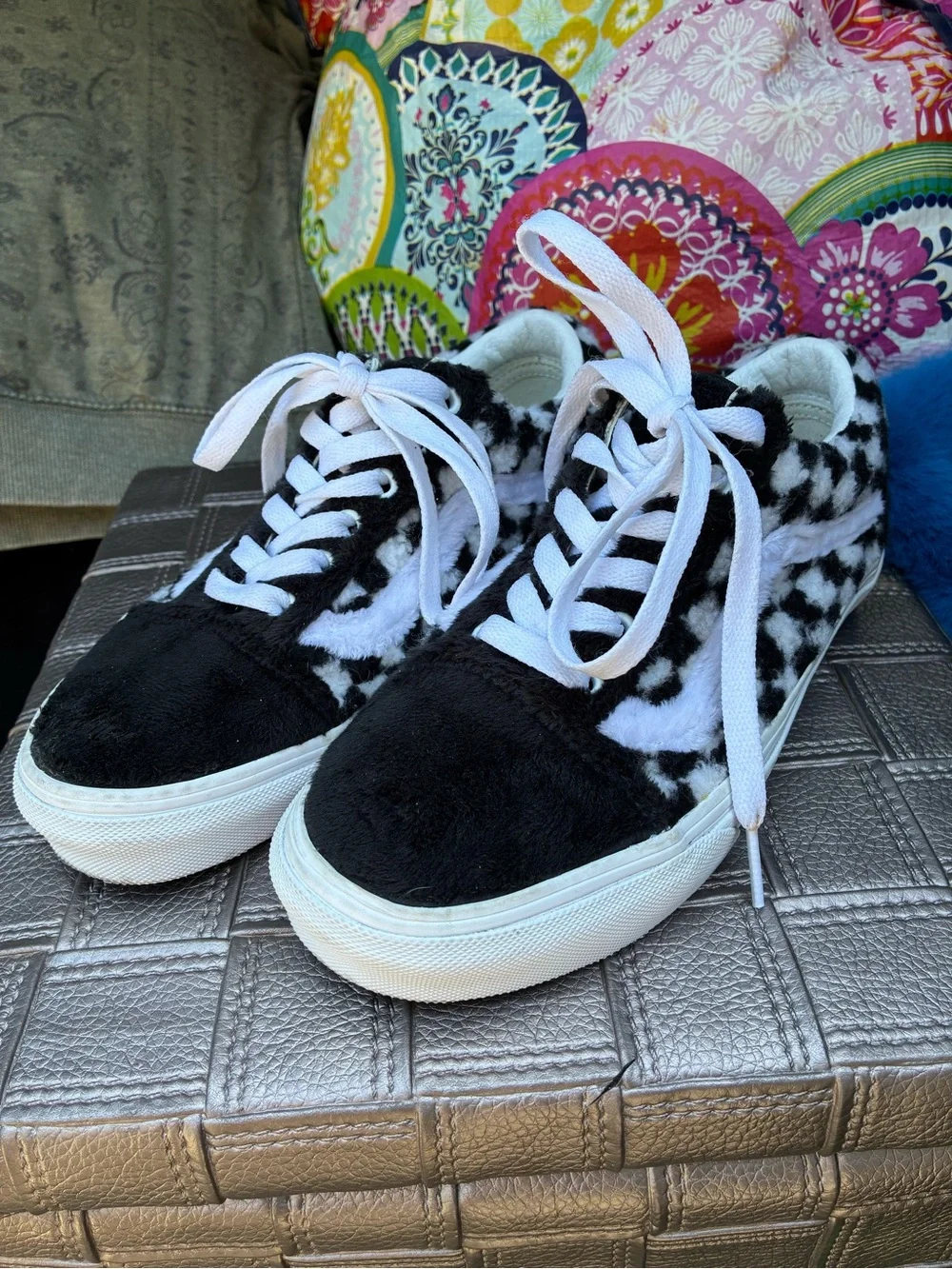 Fuzzy Black & White Checkerboard Lace-Up Sneakers
